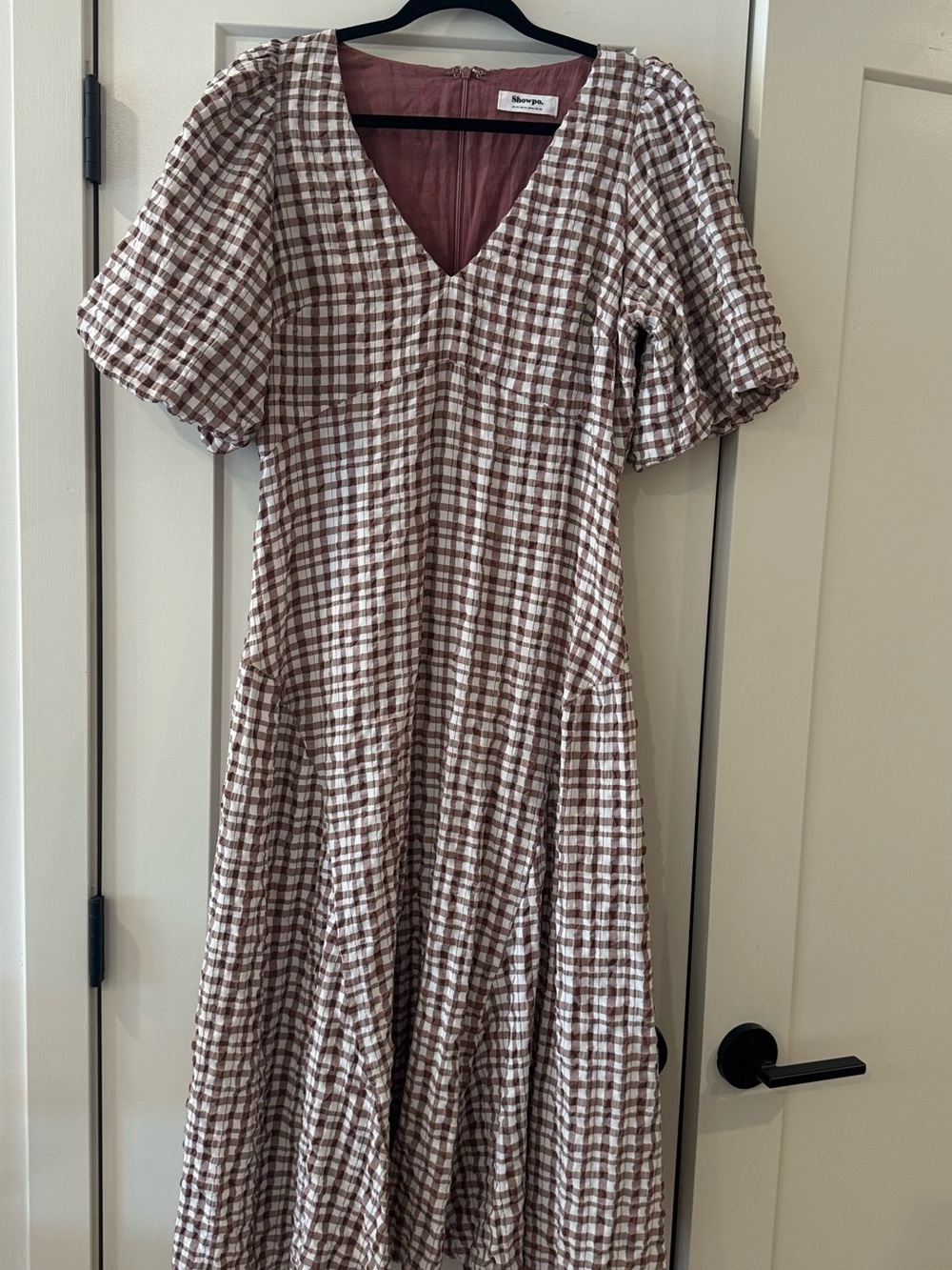 Showpo Brown & White Gingham V-Neck Midi Dress
